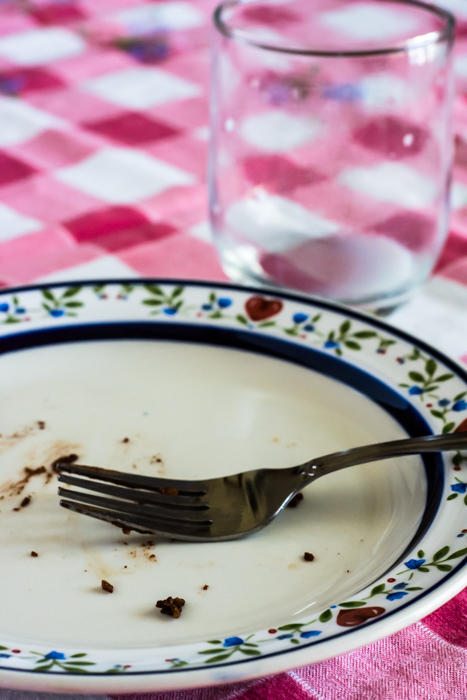 Empty plate with a few crumbs of chocolate cake left